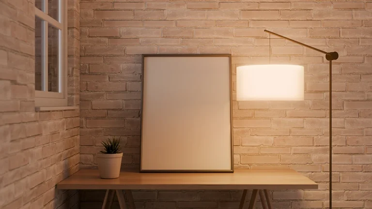 frame mockup on wooden desk with floor lamp and plant
