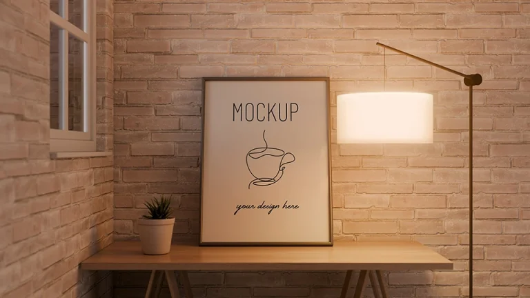 frame mockup on wooden desk with floor lamp and plant