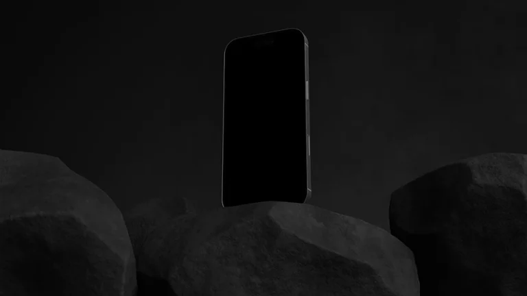 smartphone mockup template floating above dark geometric rocks