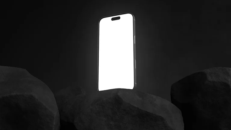 smartphone mockup template floating above dark geometric rocks