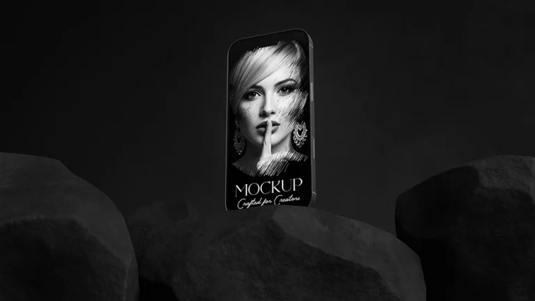 smartphone mockup template floating above dark geometric rocks