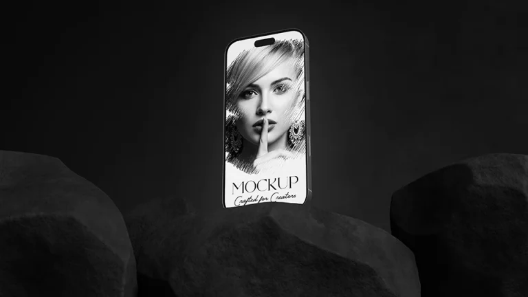 smartphone mockup template floating above dark geometric rocks
